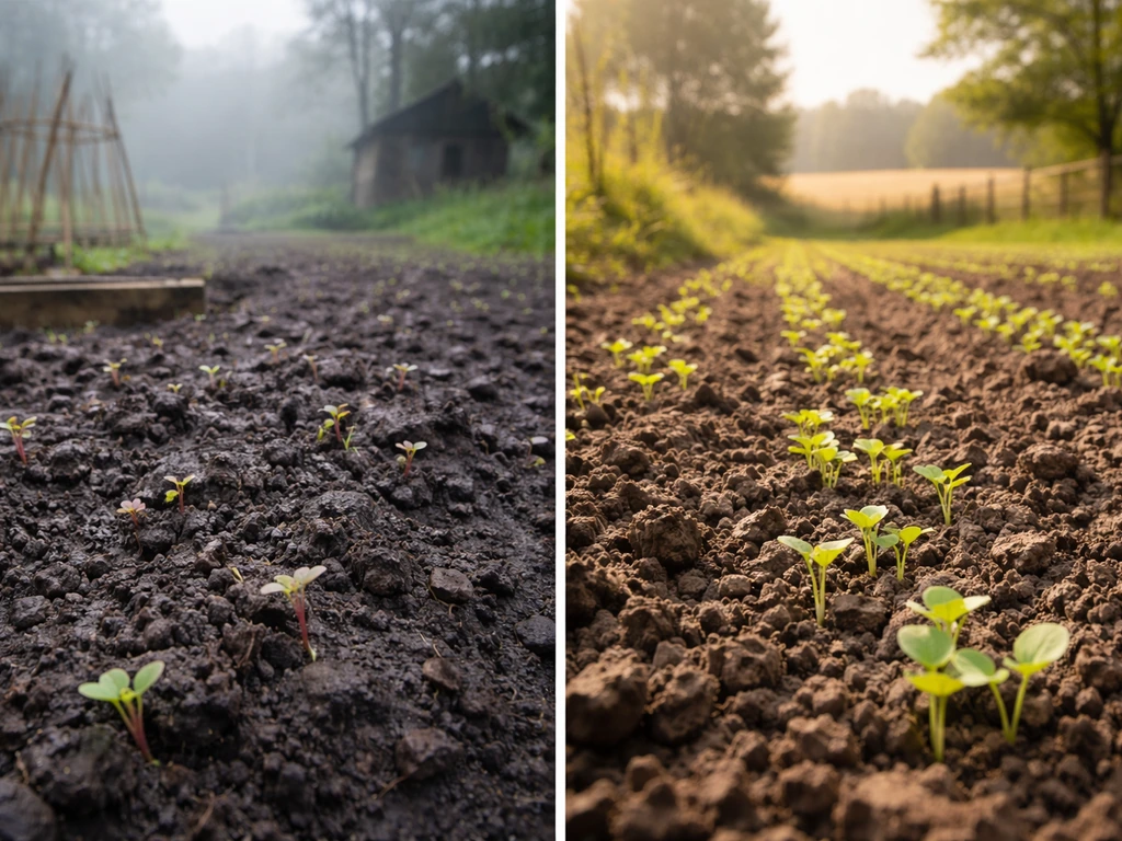 Split view of UK countryside: north misty garden soil and south sunny field with seedlings in focus