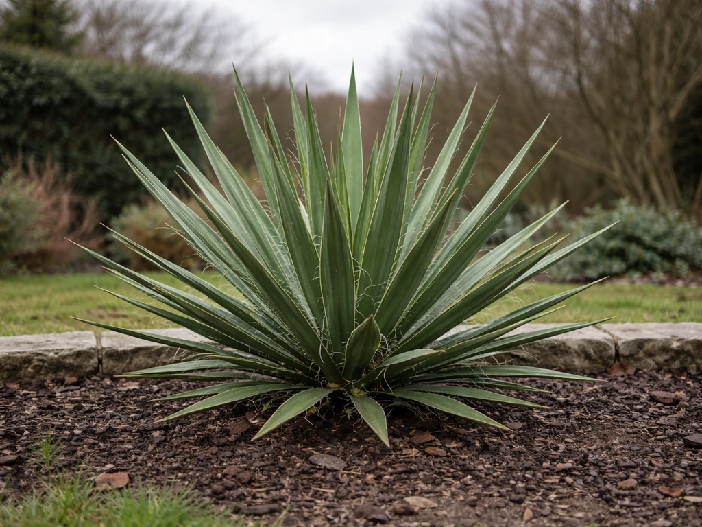 Hardy yucca planted outdoors in a UK garden, spiky leaves against a cold overcast winter sky.