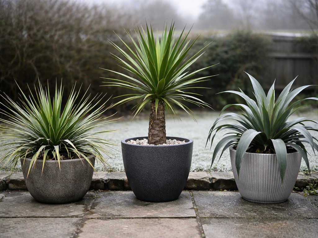 Several hardy yucca plants outdoors in UK winter conditions, showing different foliage shapes in one simple garden scene