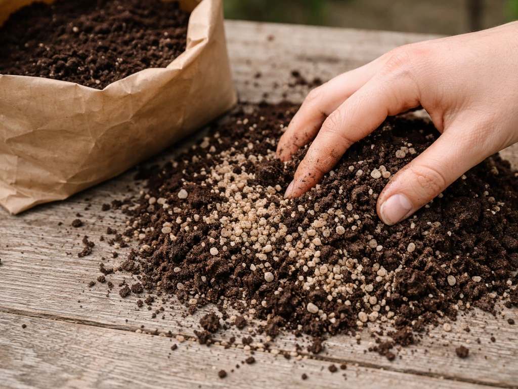 Close-up of compost mixed with pale horticultural grit beside an unlabeled planting bag