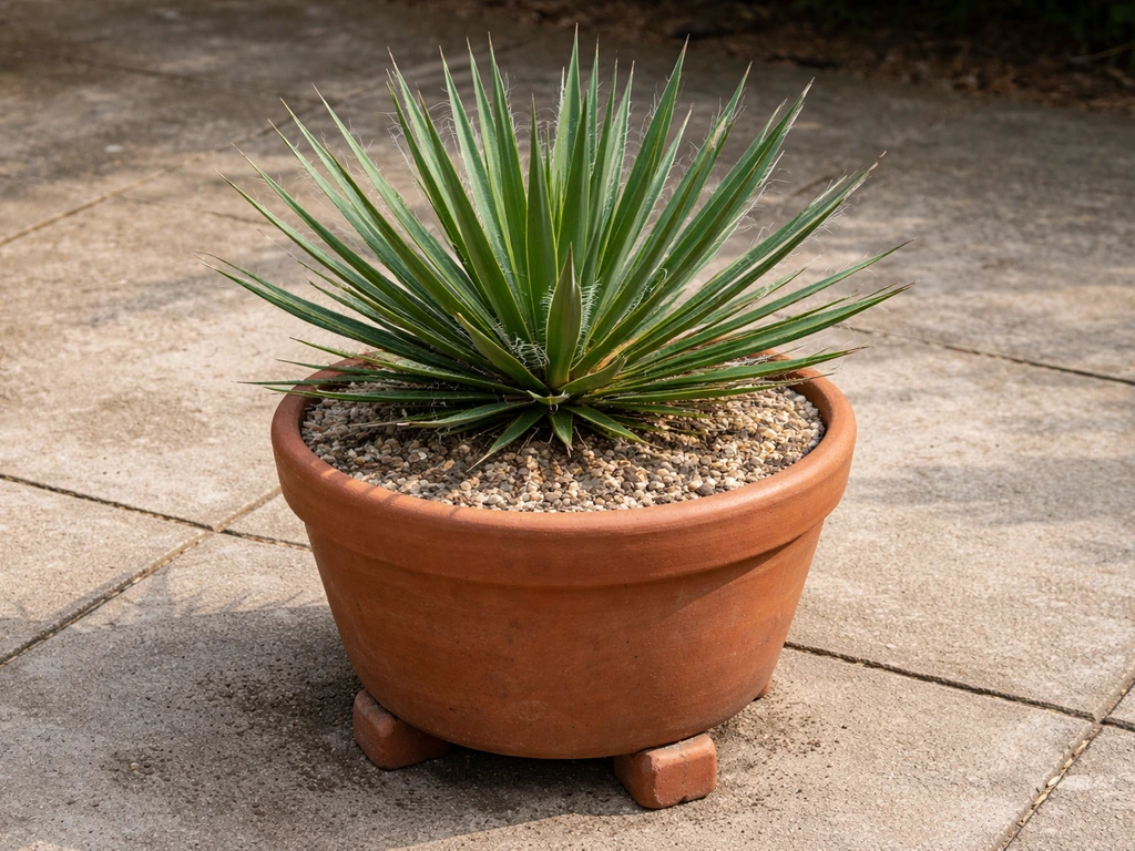 Hardy yucca in a terracotta pot raised on pot feet with gritty drainage on a patio.