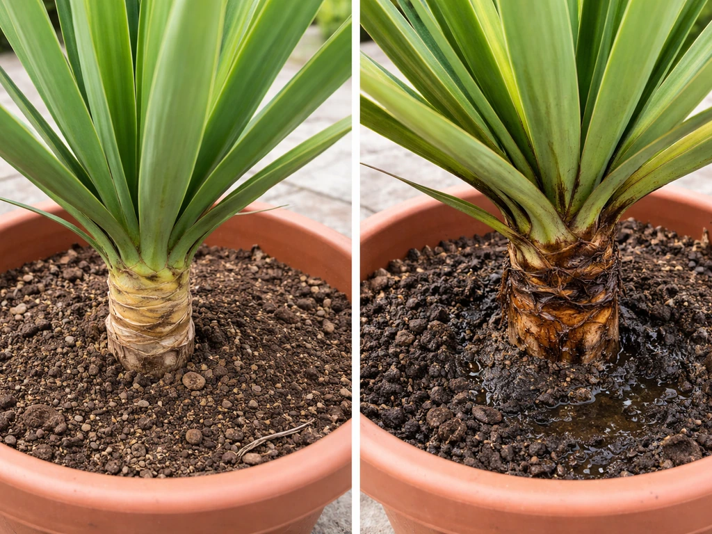 Split image showing a healthy yucca crown vs mushy brown base from root/crown rot.