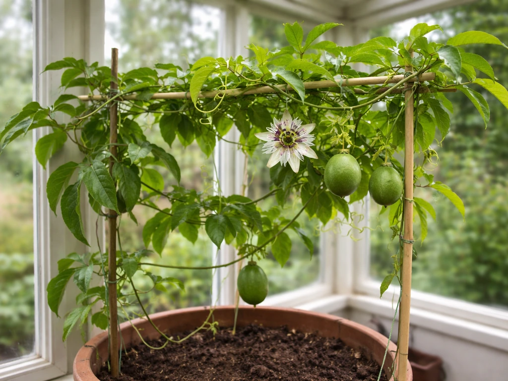 Passion fruit vine thriving on a trellis in a sheltered UK greenhouse, with a flower and small fruit.