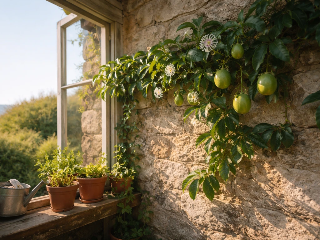 Minimal photo showing a UK countryside garden wall with sunlit warmth, symbolizing best passion fruit climates