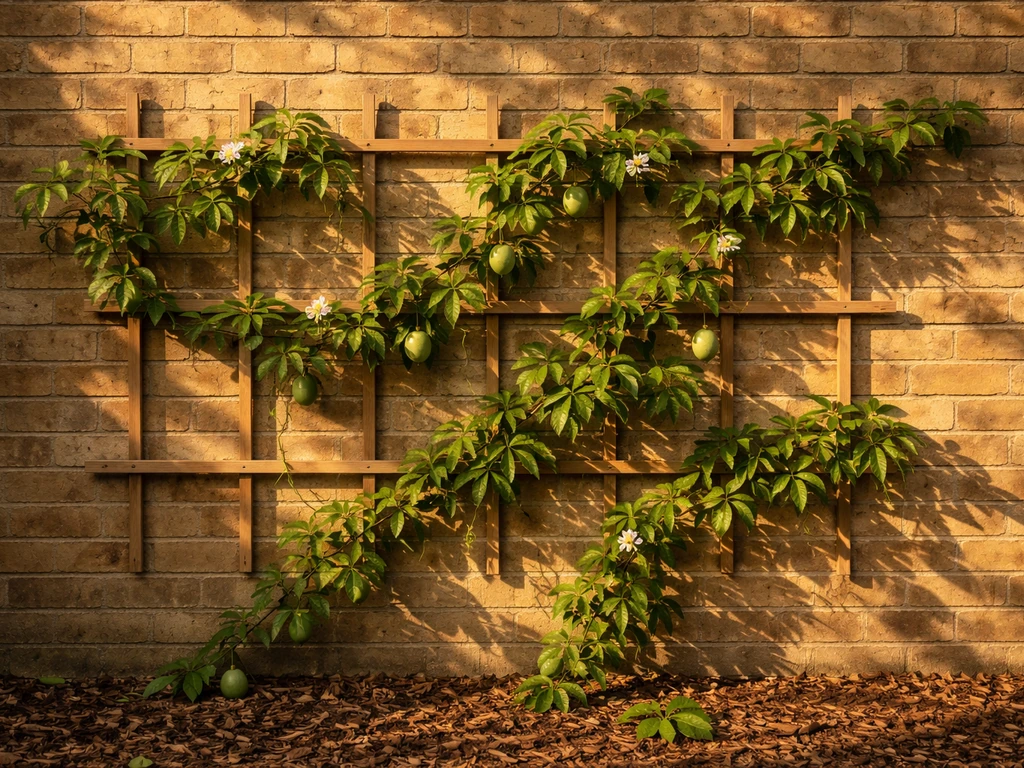 Passion fruit vines on a trellis beside a warm brick wall in full sun with a sheltered growing spot