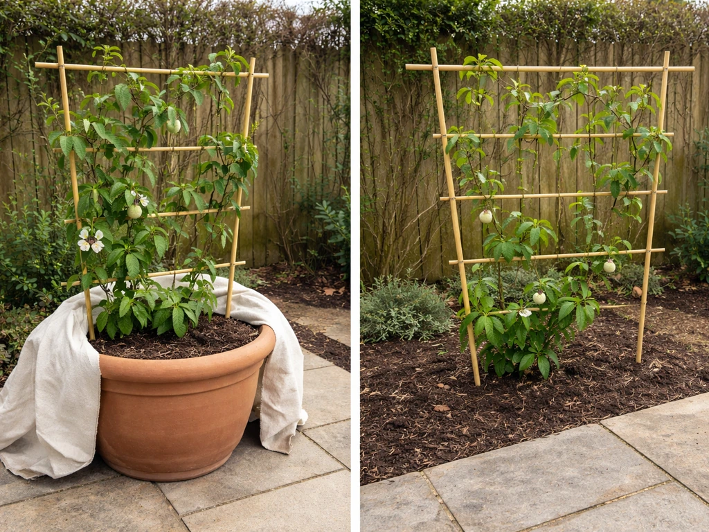 Side-by-side photo of passion fruit: vine in a patio container next to an in-ground training setup.