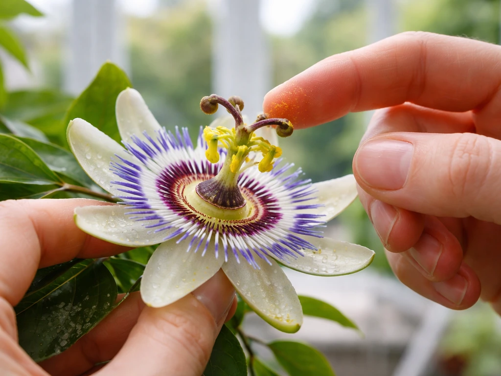 Hands gently hand-pollinating a passion fruit flower, pollen transfer visible on flower structure.