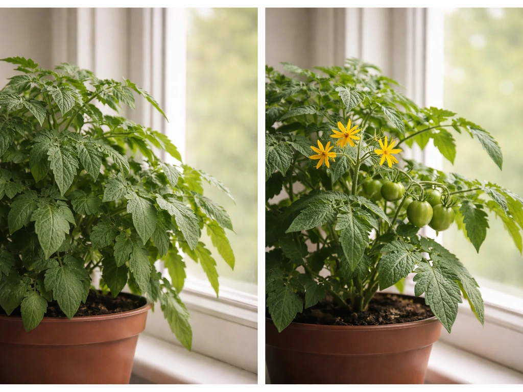 Close-up of a potted flowering plant showing no blooms alongside another with healthy flowers/fruit set.