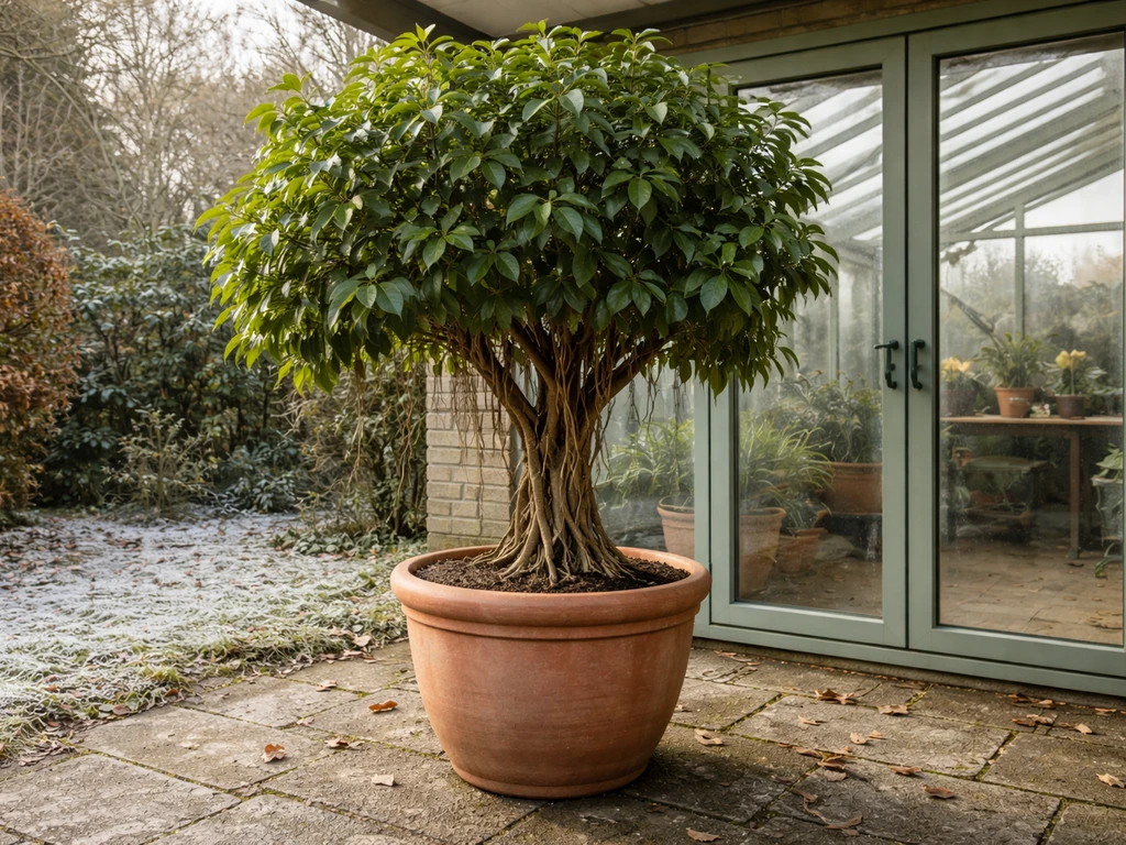 Banyan/ficus in a large container beside a UK greenhouse door with light frost on the patio.