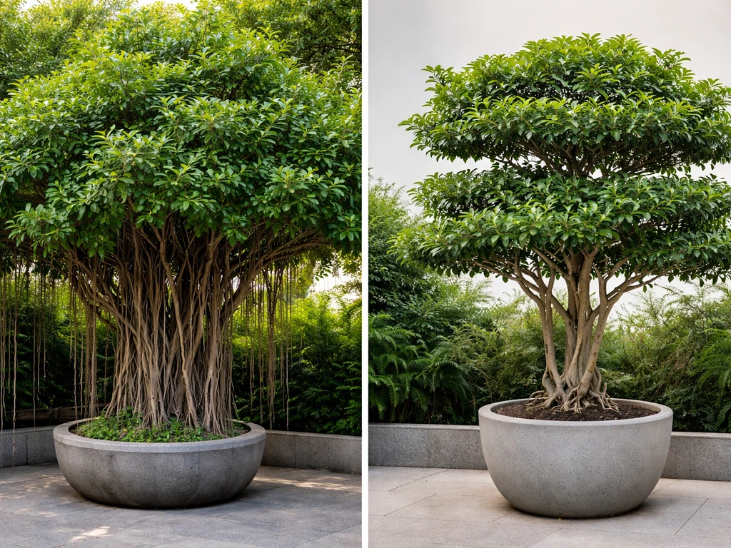 Two different banyan-type ficus plants side by side: one with aerial roots, one more compact container-ready foliage.