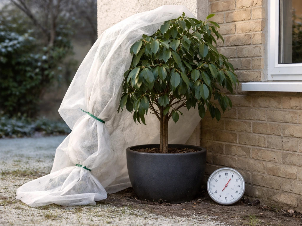 Ficus in a sheltered UK outdoor spot with frost-protect fleece and a visible thermometer for winter risk.
