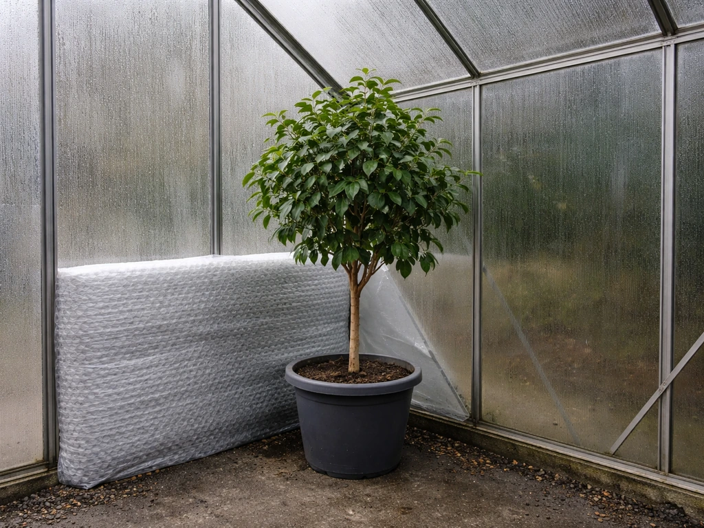 Small potted ficus sheltered inside an unheated greenhouse with plastic wind/rain protection and winter condensation.