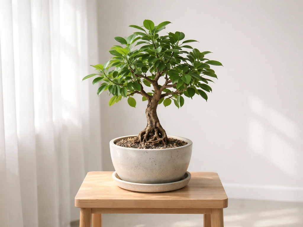 Indoor banyan-like ficus in a well-draining pot near a sheer-curtain window with bright natural light.