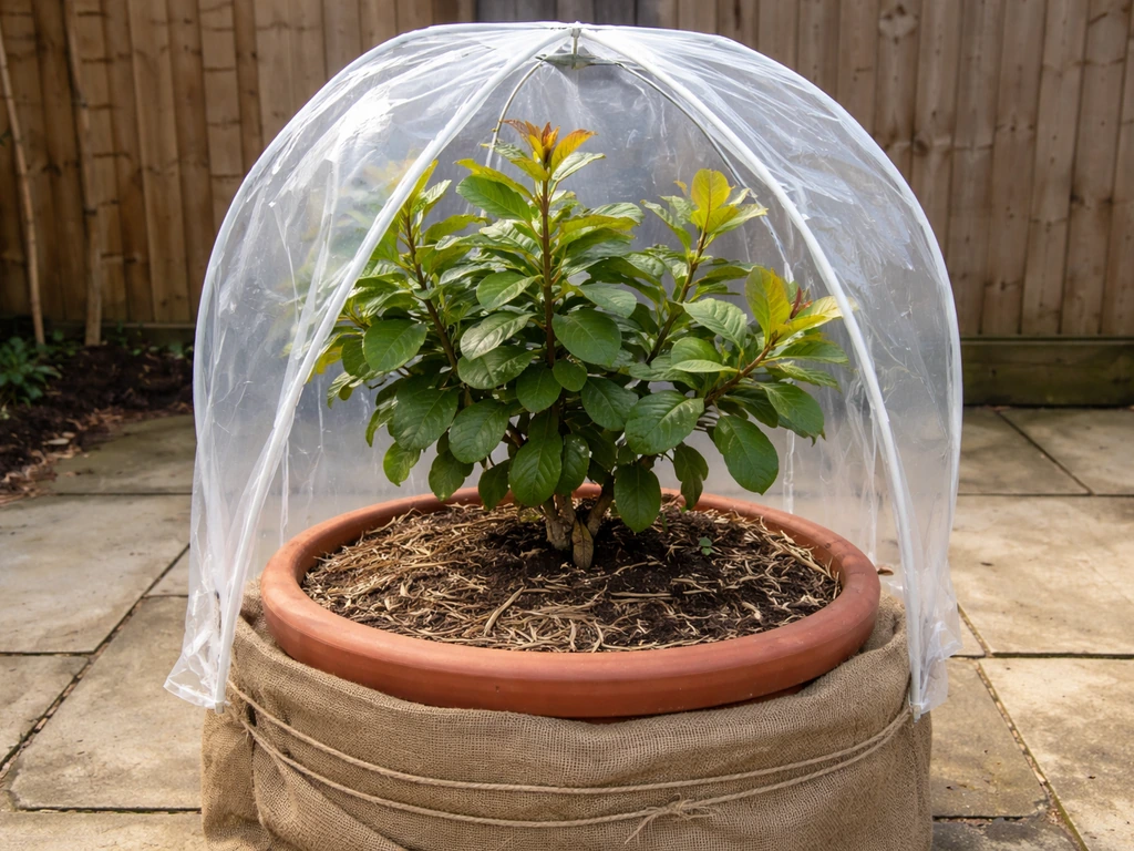 Guava plant in a UK-style container on a covered patio with winter protection against cold.