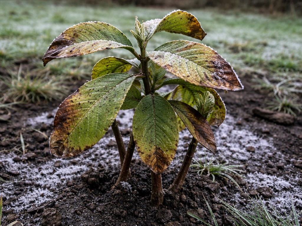 Frost-damaged guava leaves in a cold UK garden, showing stressed foliage outdoors.