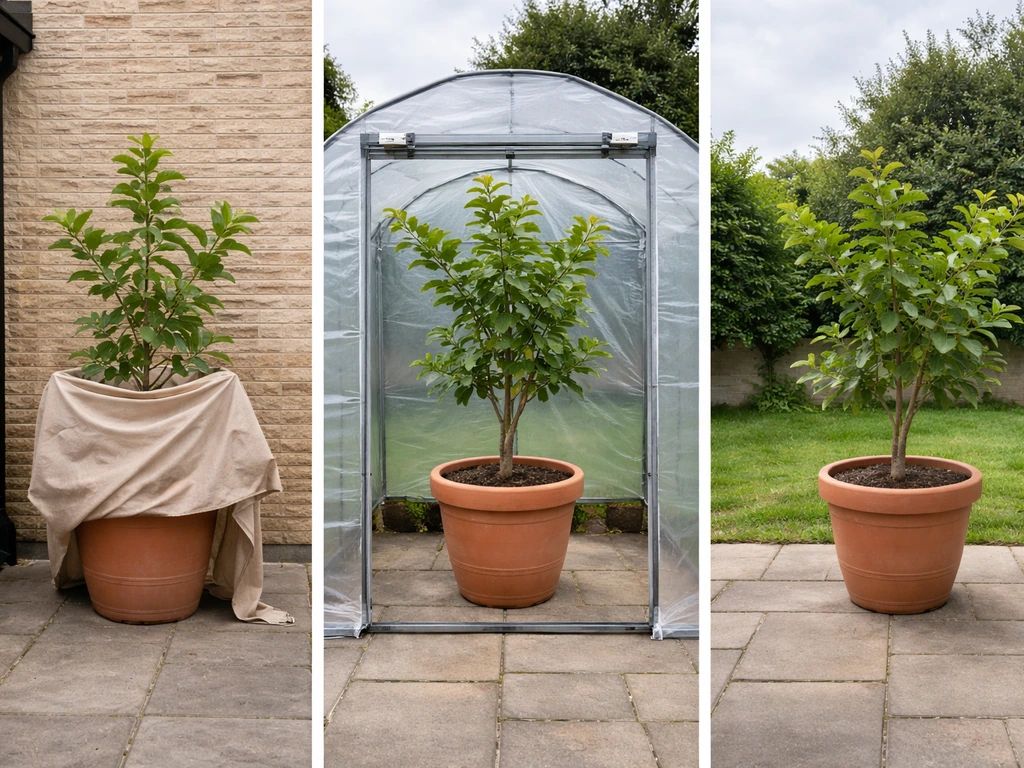 Three simple UK guava growing setups: container on patio, greenhouse potted plant, and an outdoor patio pot.