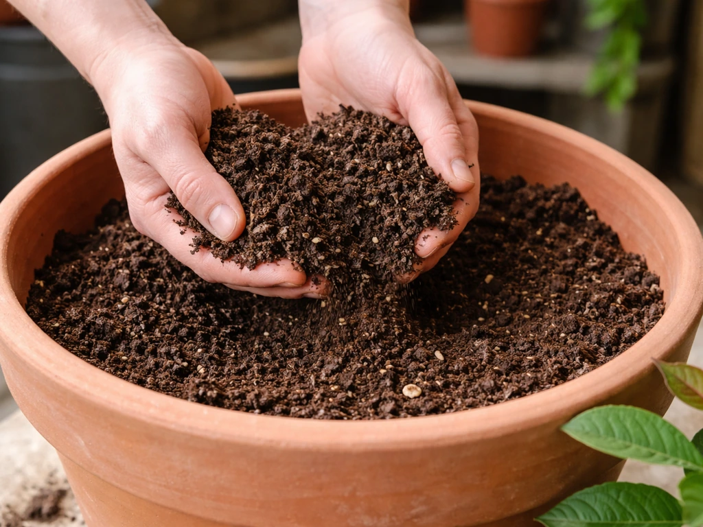 Hands filling a 35 cm terracotta pot with peat-free loam-based compost for container guava.
