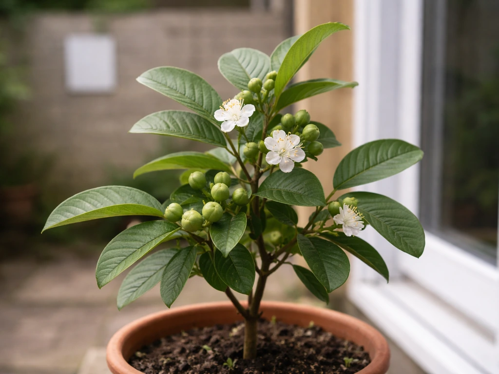 Close-up of a potted guava plant with pale flowers and small green young fruits in natural light.