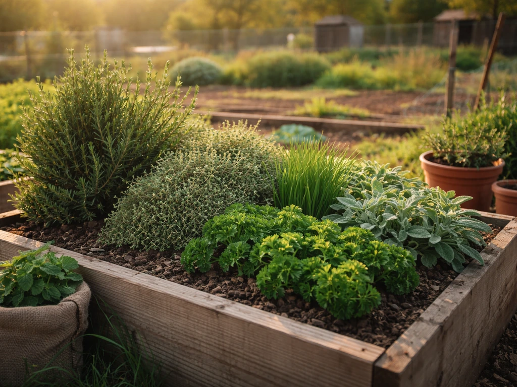 UK outdoor herb garden bed with rosemary, thyme, chives, and parsley in pots