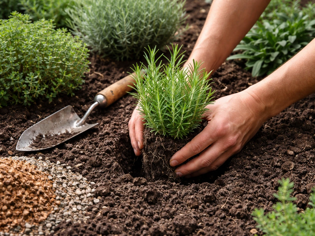 Planting hardy perennial herbs like rosemary and thyme in a prepared bed