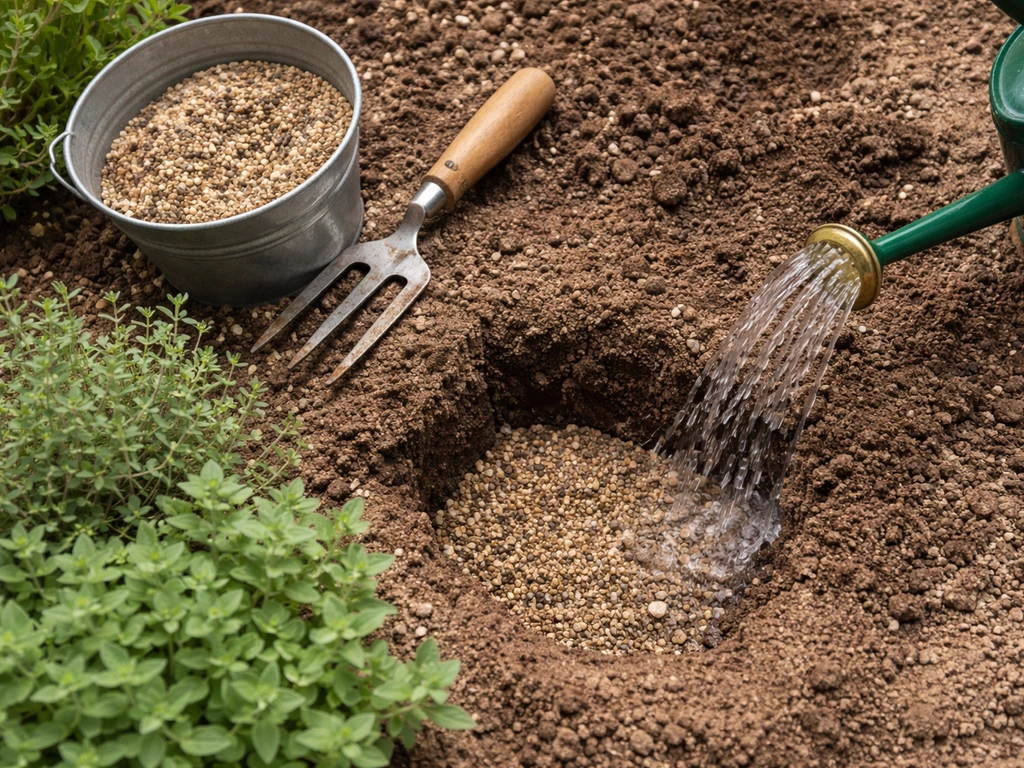 Well-draining soil mix and slow watering for thyme and oregano