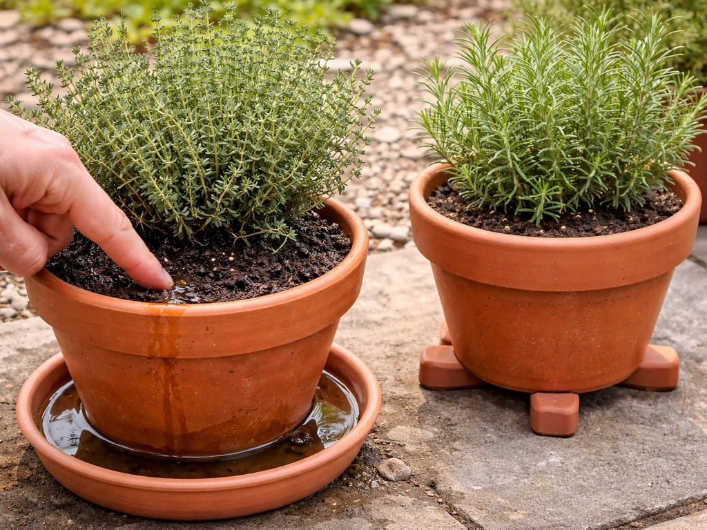 Overwatered Mediterranean herbs in a pot with wet, waterlogged soil