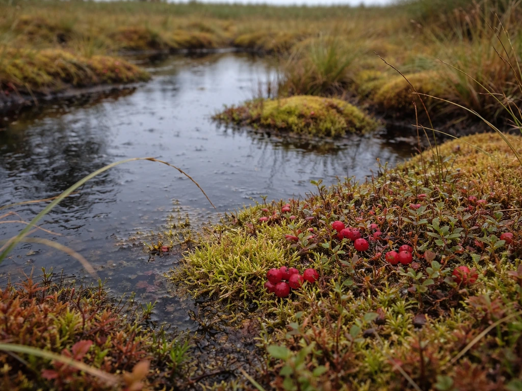 Wild raised bog with Sphagnum moss and low cranberry plants over damp peat water.