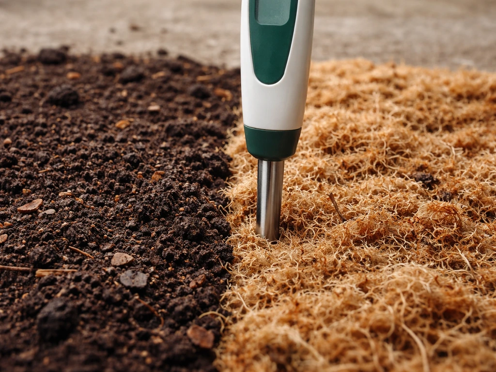Close-up comparison of dark UK garden soil and lighter acidic peat/sphagnum with a pH probe tip inserted.