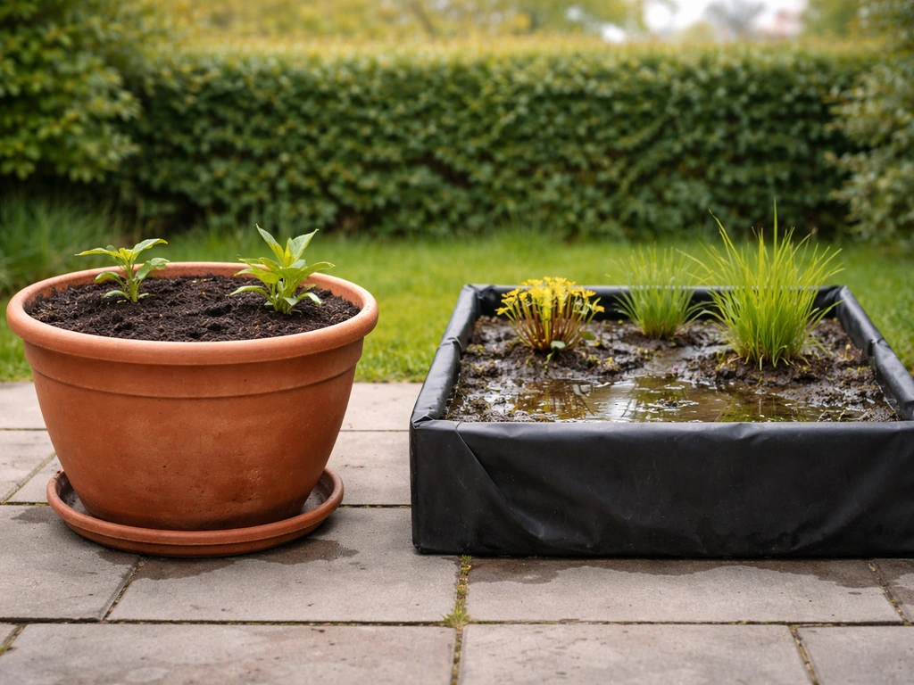 UK garden comparison: terracotta container with moist soil beside a raised outdoor bog bed with waterlogged plants