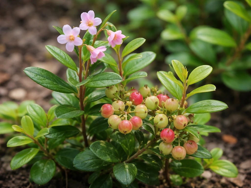 Cranberry plant with small pink flowers and nearby berries transitioning toward deep red.