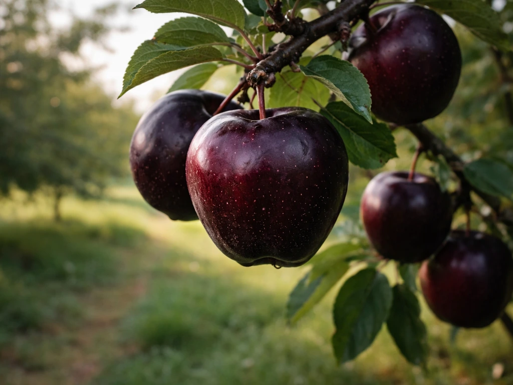 Close-up of dark red Black Diamond–style apples on a branch in soft orchard light