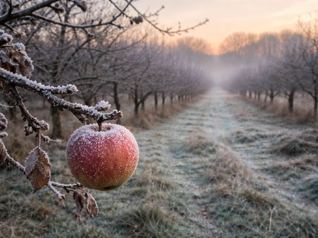 Frost-covered apple branch in a quiet UK orchard at dawn, hinting winter chill and frost risk timing.