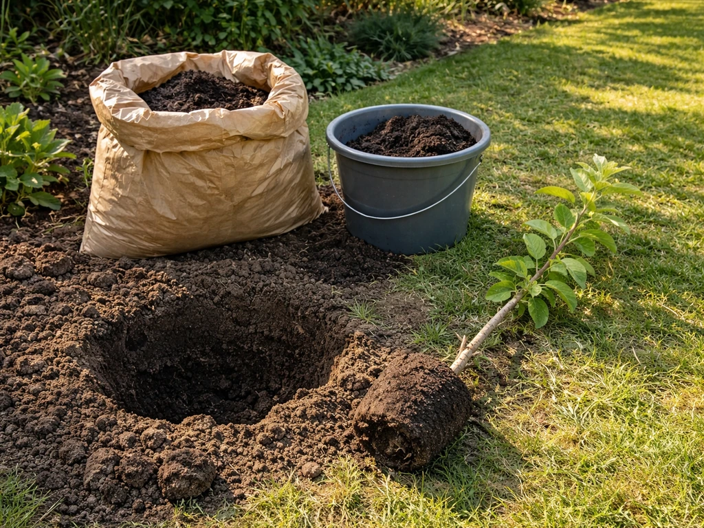 Dug planting hole in a sunny garden border with compost nearby and a young apple tree ready to plant