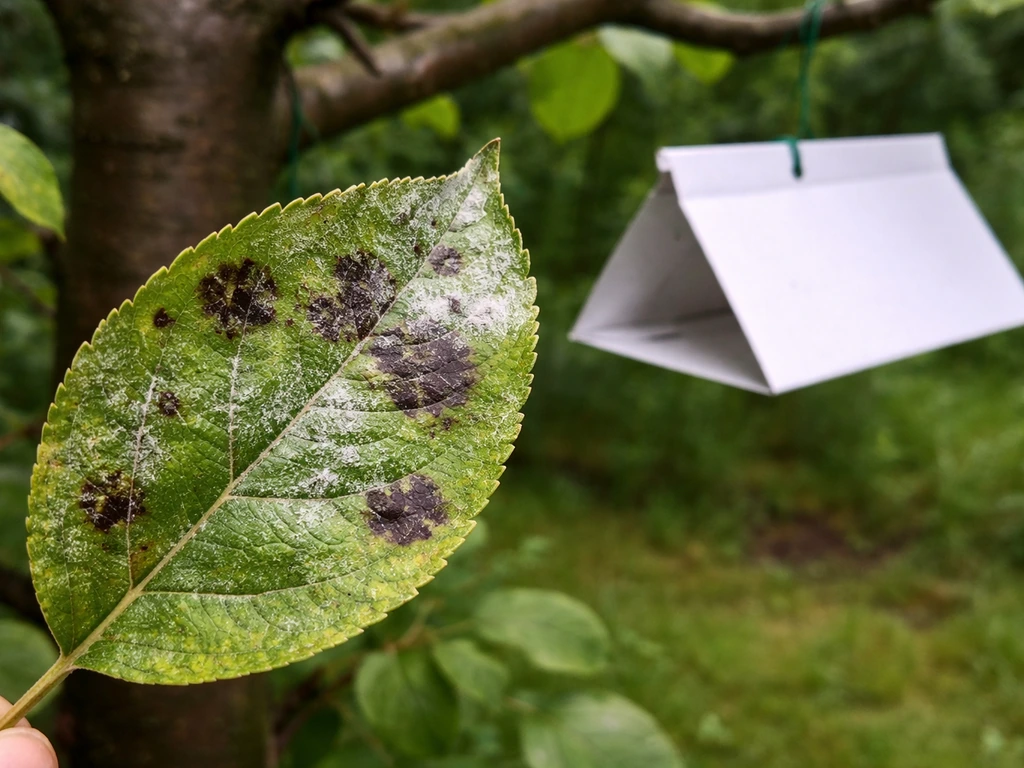 Apple leaf with scab-like spots and mildew, beside a hanging codling moth pheromone trap.