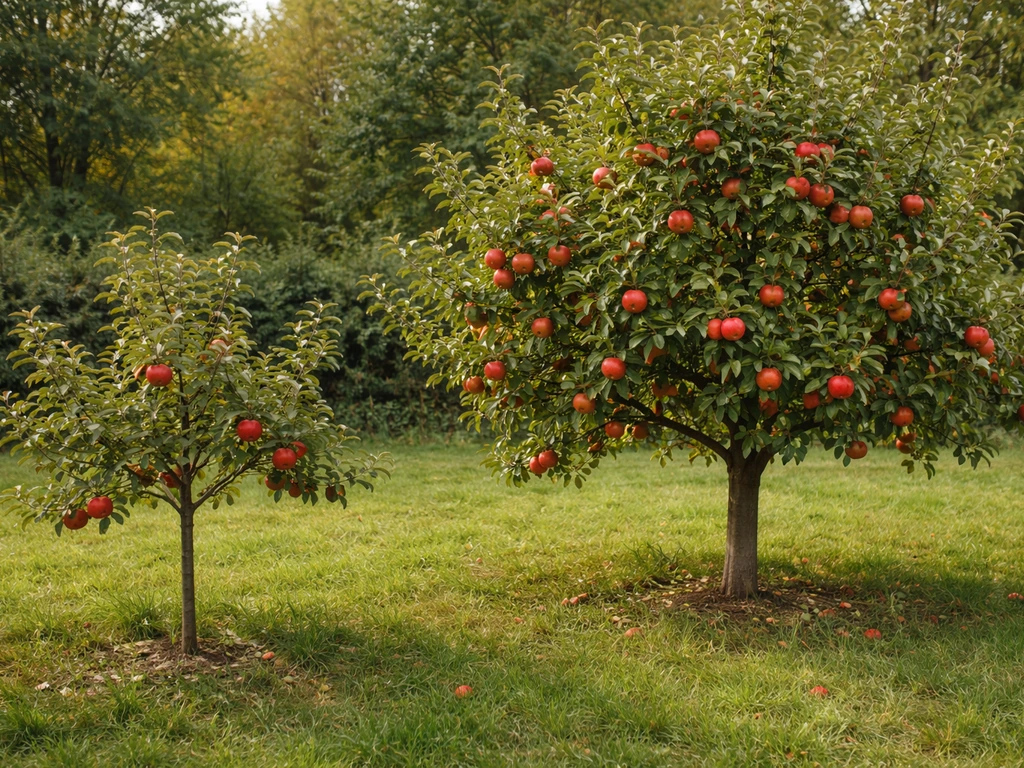 Young and mature semi-dwarf apple trees showing small early fruit versus fuller yield