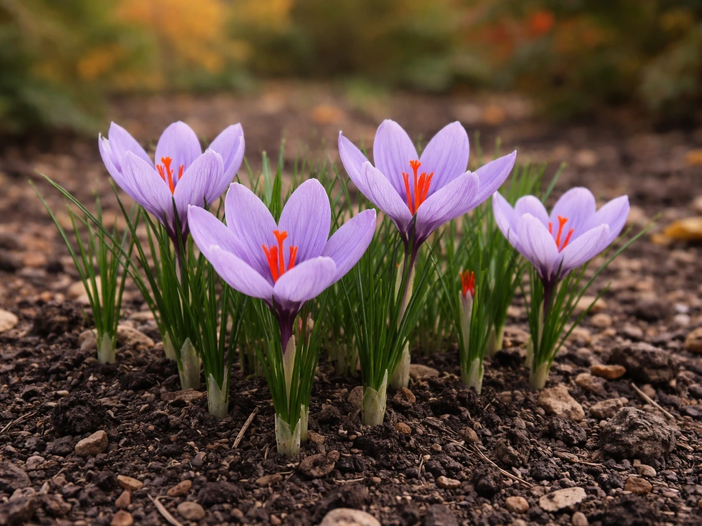 Autumn saffron crocuses in a UK garden with bright red stigmas emerging from green leaves.
