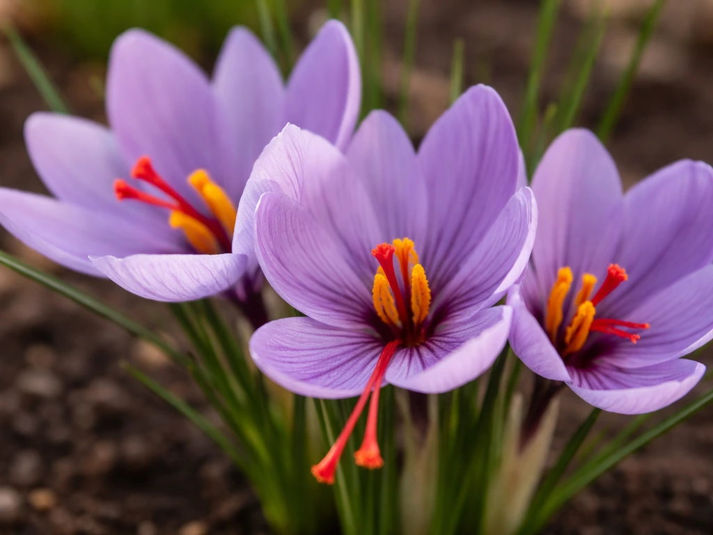 Close-up of saffron crocus flowers with three red stigmas clearly visible on each bloom.