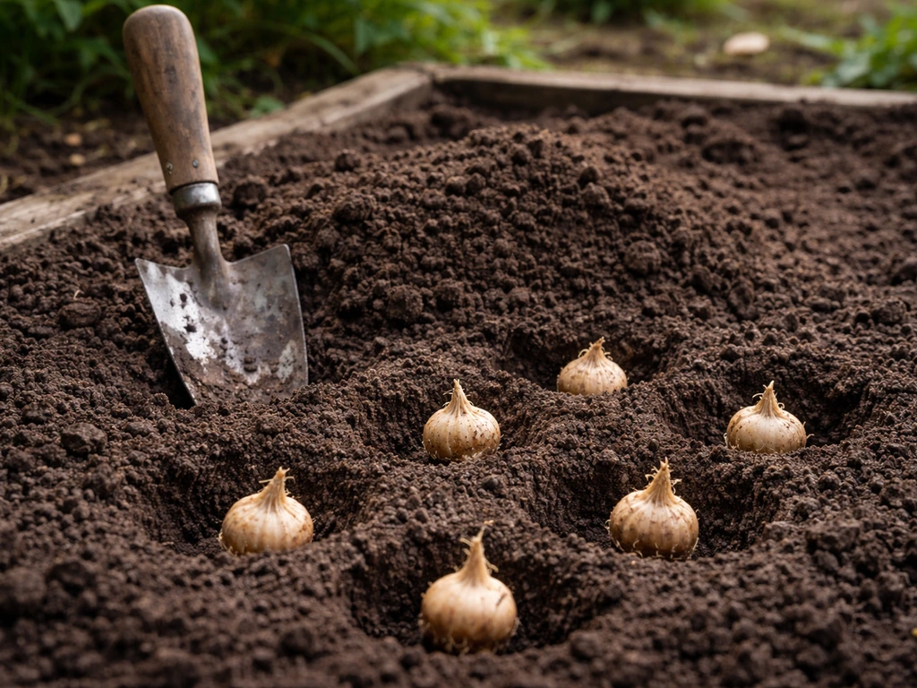 Saffron corms placed in a prepared garden bed, ready to be covered in autumn soil.