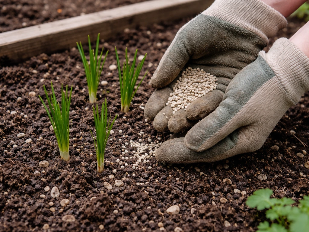 Gloved hands add low-nitrogen fertiliser around saffron crocus in well-drained dark soil.
