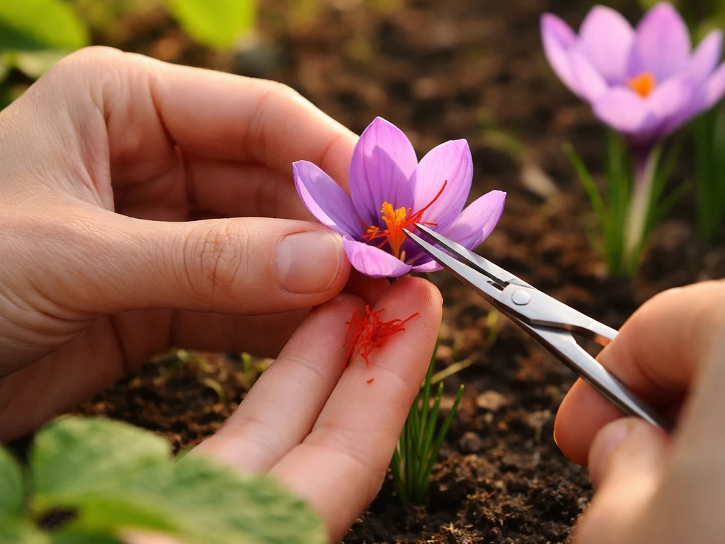 Hands gently picking red saffron stigmas from an open crocus flower with small scissors.