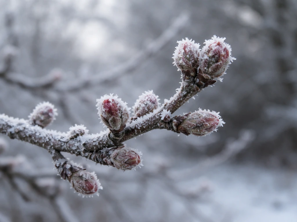 Close-up of frost-covered dormant apple tree branches and buds on a winter day