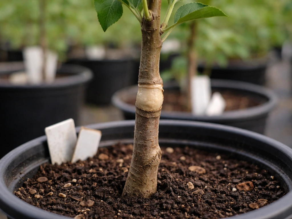 Close-up of a grafted apple tree union with visible scion and rootstock, potted in a nursery pot.