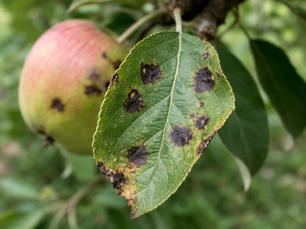 Close-up of an apple leaf showing dark scab-like spots with a blurred apple fruit behind it.