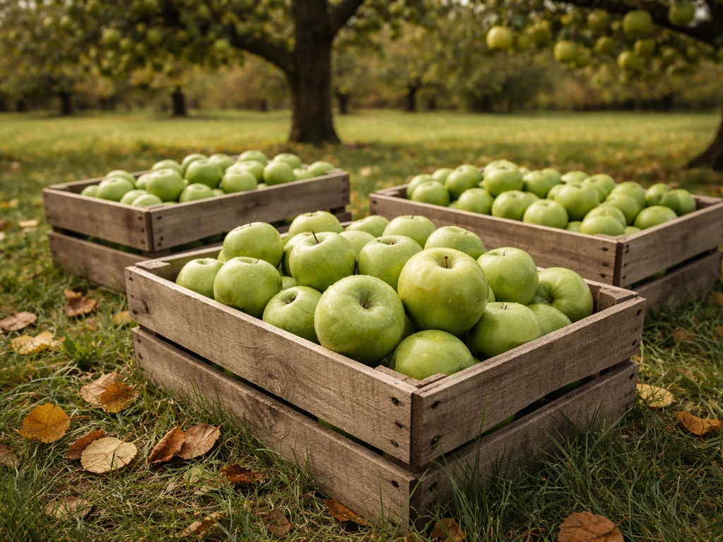 Crates of freshly picked green Granny Smith apples beside an orchard tree in late autumn.