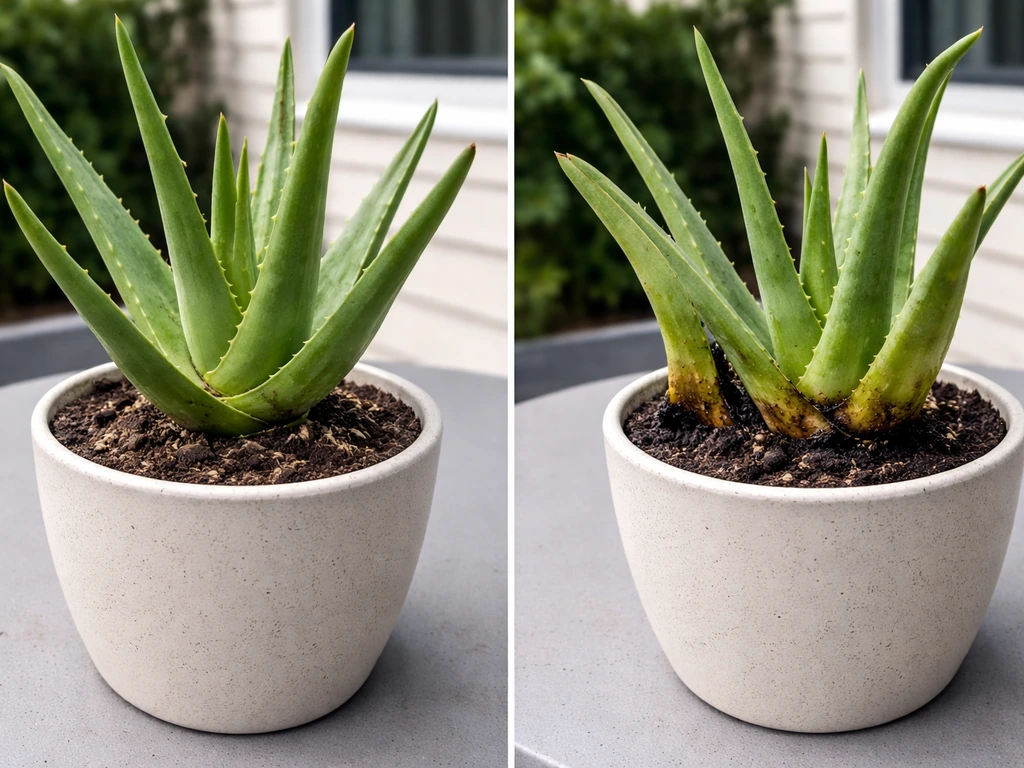 Split view of two potted UK-grown aloe plants: one healthy, one with soft mushy base from overwatering.
