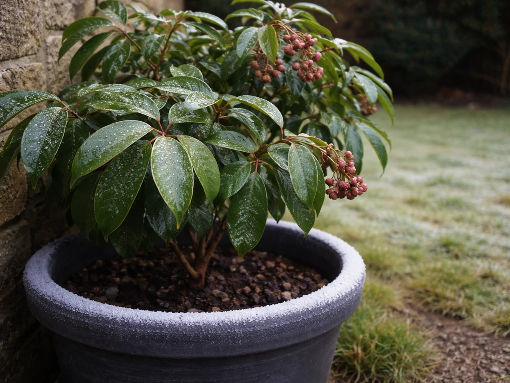 Potted lychee tree with glossy leaves beside a cool, frosty UK garden edge.