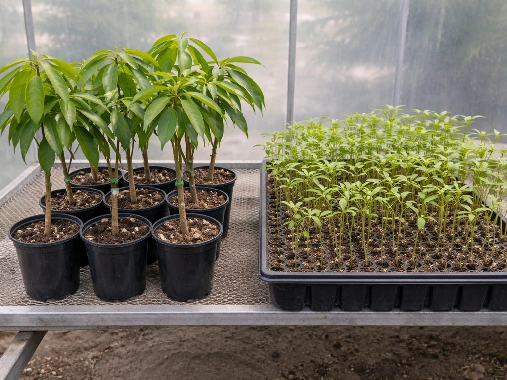 Greenhouse bench showing grafted lychee saplings in pots next to seed-grown seedlings tray.