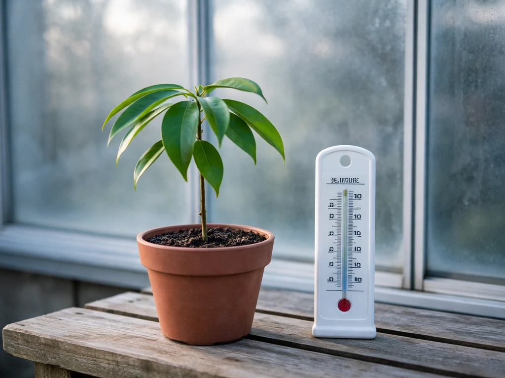 Lychee tree in a frost-free greenhouse beside a visible minimum thermometer showing above 5°C