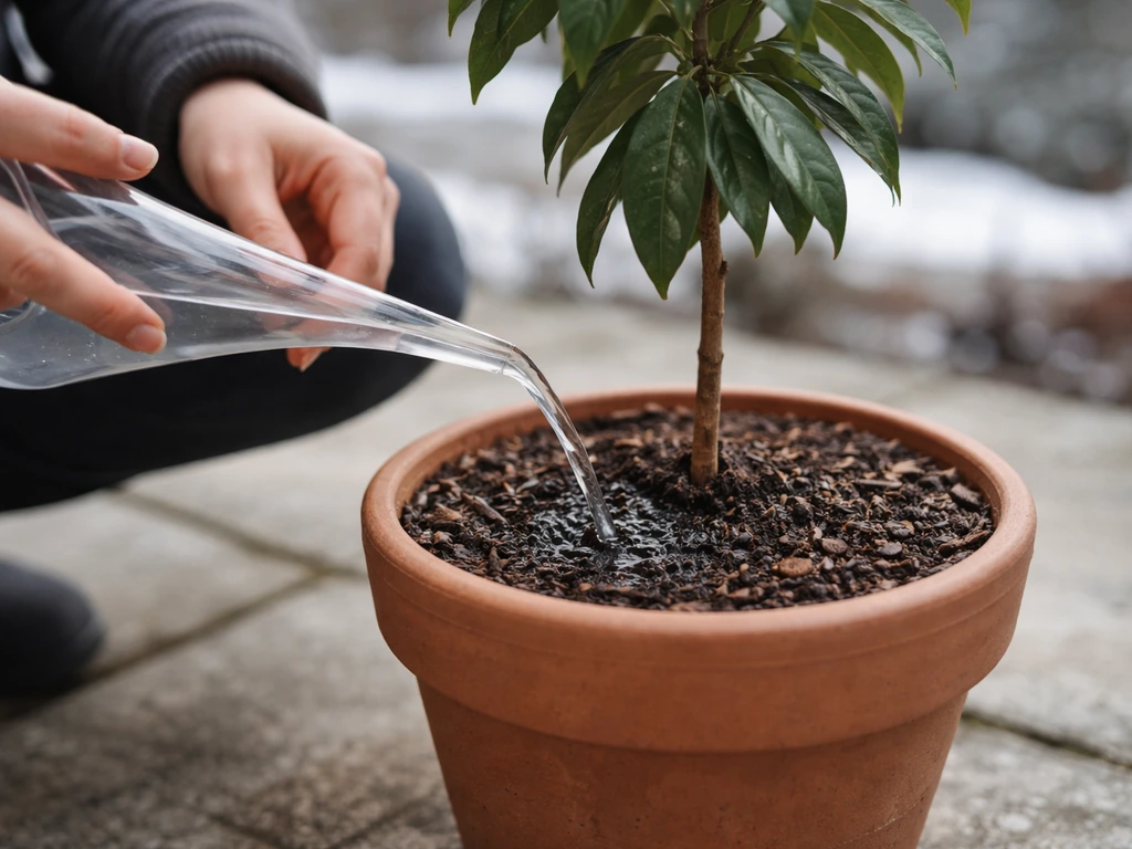 Close-up of winter watering a potted lychee tree with a small amount of water at the base