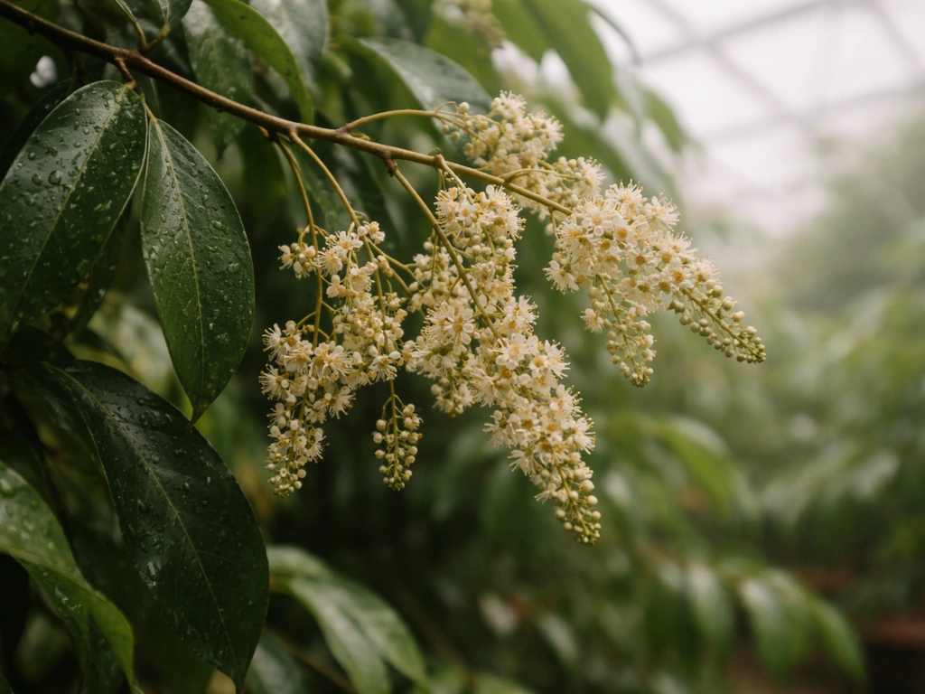 Lychee flower panicles in bloom on a branch inside a protected greenhouse-like UK growing setup